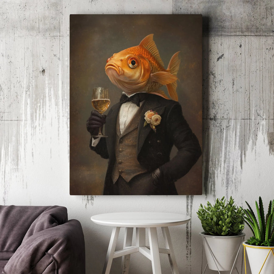 Goldfish Portrait Wall Art | Funny Tuxedo Fish Drinking Champagne | Premium Gallery Wrapped Canvas | Quirky Home Decor Gift for Office
