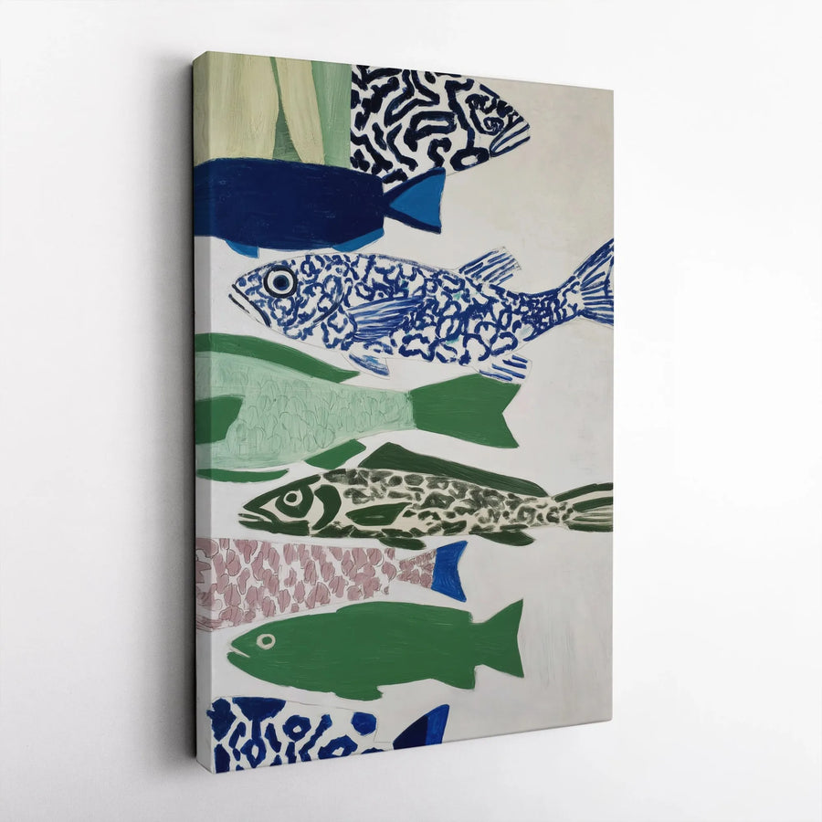Abstract Fish Canvas Art | Modern Folk Art Fish School Print | Premium Gallery Wrapped Canvas | Coastal Kitchen & Living Room Decor Gift