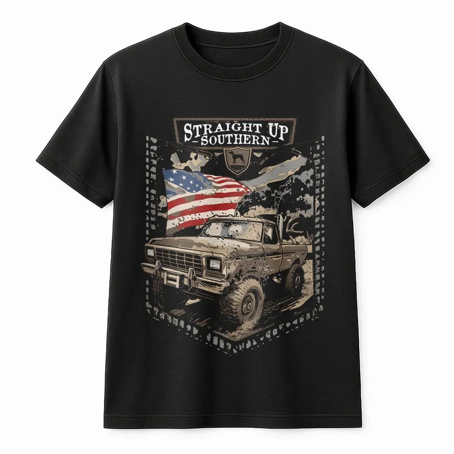 Off-Road Truck T-Shirt | American Flag Mudding Graphic | Premium Cotton Country Apparel | Gift for Truck Lovers and Outdoor Enthusiasts