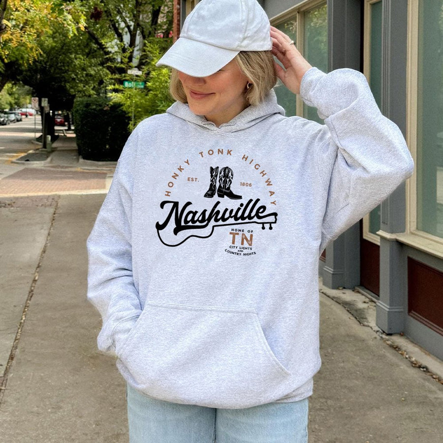 Nashville Honky Tonk Highway Hoodie | Country Music Western Graphic Print | Soft Cotton-Polyester Blend | Trendy Souvenir Gift for Country Music Fans