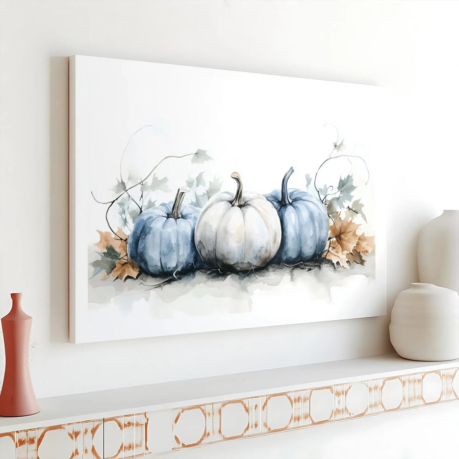 Watercolor Pumpkin Canvas Art | Blue and White Fall Farmhouse Decor | Gallery Wrapped Premium Print | Seasonal Thanksgiving Wall Decor for Home