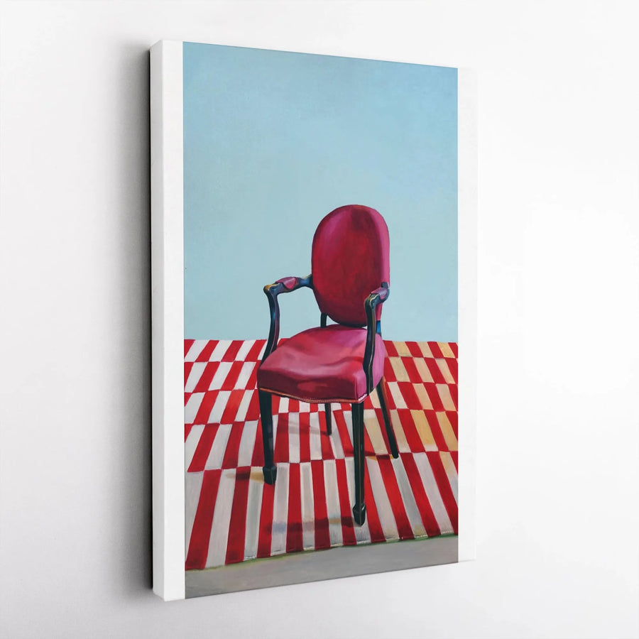 Modern Red Chair Vertical Canvas | Surrealist Pop Art Painting with Checkered Floor | Premium High-Resolution Print | Contemporary Wall Art Gift for Living Room