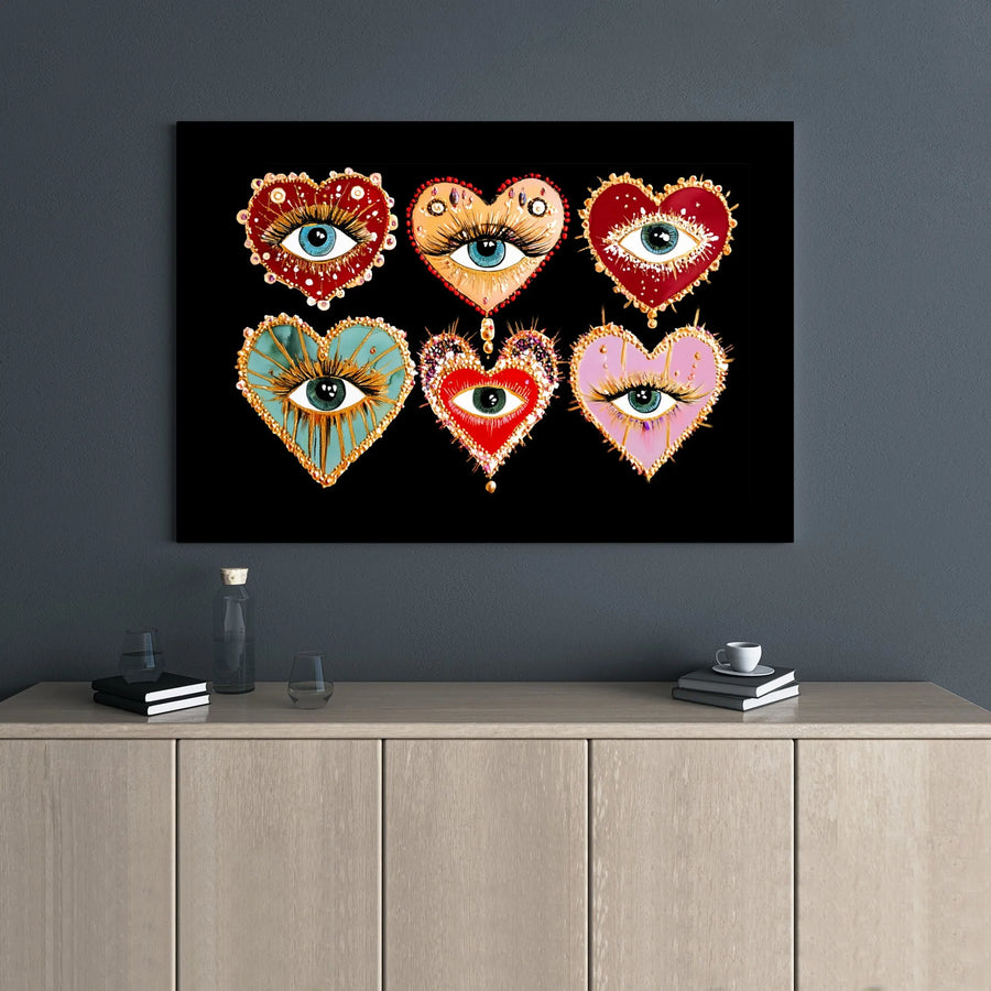 Evil Eye Heart Canvas Wall Art | Bejeweled Boho Spiritual Decor | Premium Gallery Wrap Print | Unique Protection Symbol Gift for Home