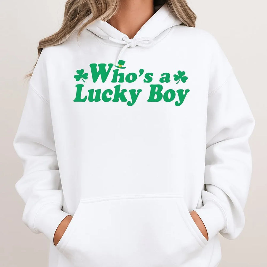 Who's A Lucky Boy Hoodie | Retro St. Patrick's Day Shamrock Graphic | Premium Cotton Blend | Funny Irish Gift For Men And Women
