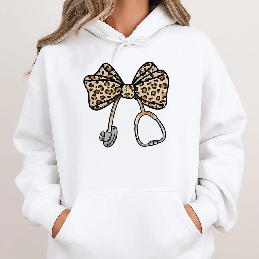 Nurse Hoodie | Leopard Bow Stethoscope Graphic | Premium Cotton Blend | Gift For Nurses, Medical Students & Healthcare Workers