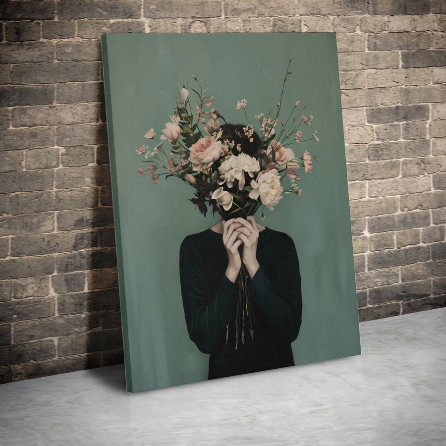 Surreal Floral Portrait Canvas | Moody Botanical Wall Art with Woman Holding Bouquet | Premium Fade-Resistant Print | Modern Dark Academia Home Decor Gift