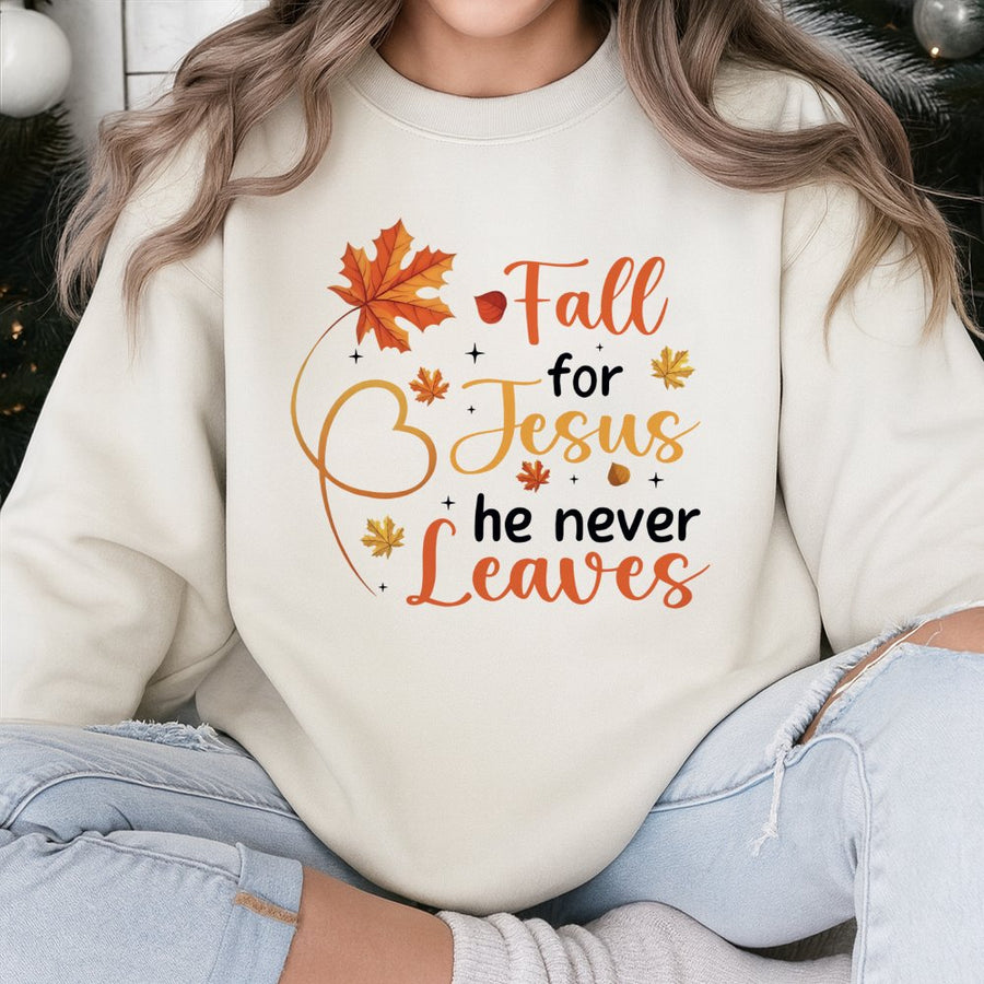 Fall For Jesus Sweatshirt | He Never Leaves Christian Autumn Graphic | Premium Cotton Blend Unisex Pullover | Faithful Thanksgiving Gift