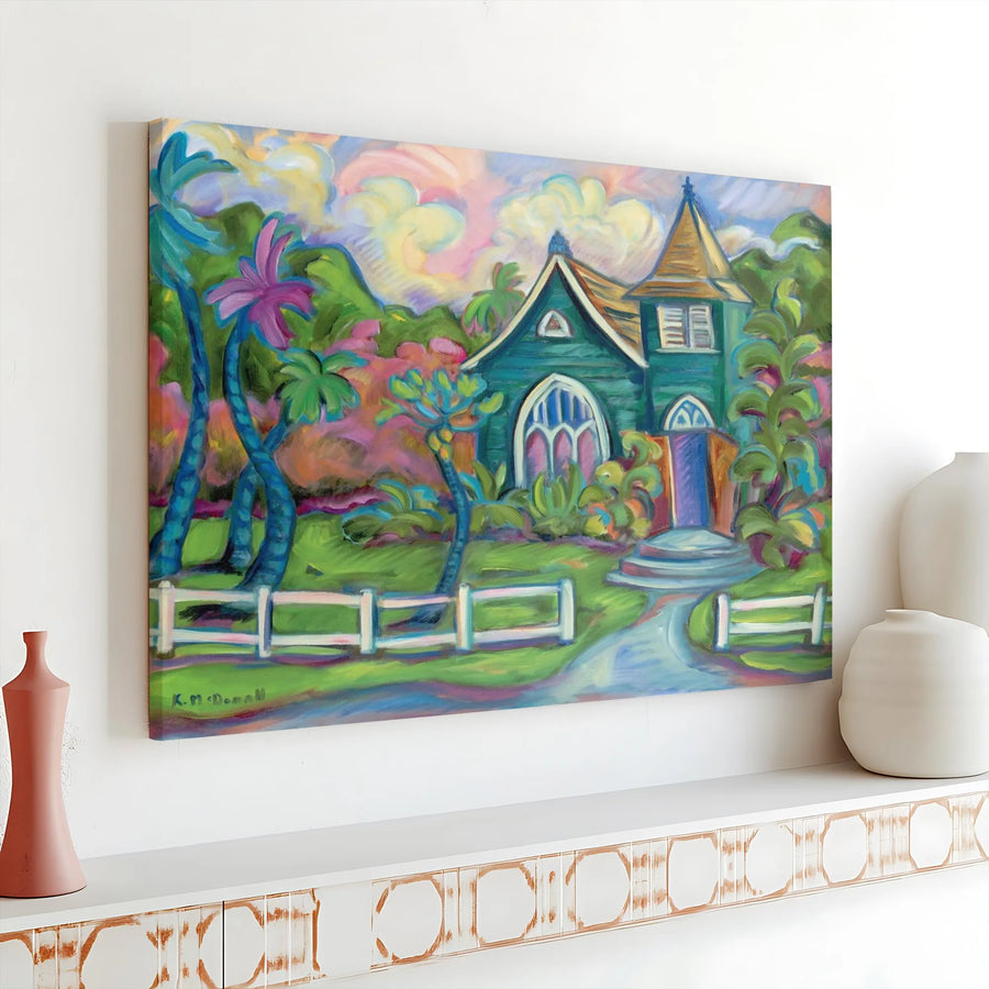 Hanalei Church Canvas Wall Art | Colorful Hawaiian Landscape Painting | Premium Gallery Wrap Print | Tropical Home Decor Gift
