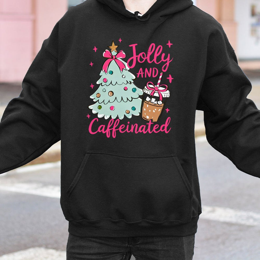 Jolly and Caffeinated Hoodie | Christmas Coffee Lover Graphic Sweatshirt | Premium Cotton-Poly Blend | Cozy Holiday Gift for Coffee Addicts