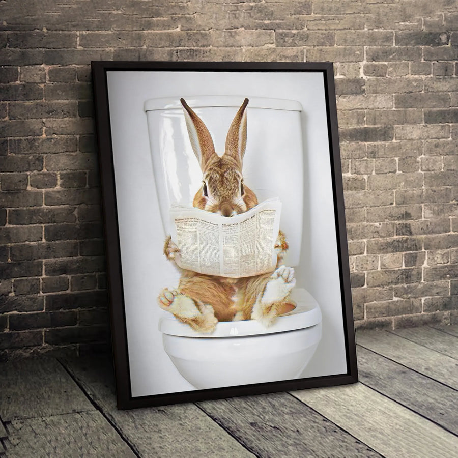 Funny Rabbit Reading Newspaper On Toilet Canvas | Whimsical Bathroom Wall Art | Premium Gallery-Wrapped Print | Unique Home Decor Gift Idea