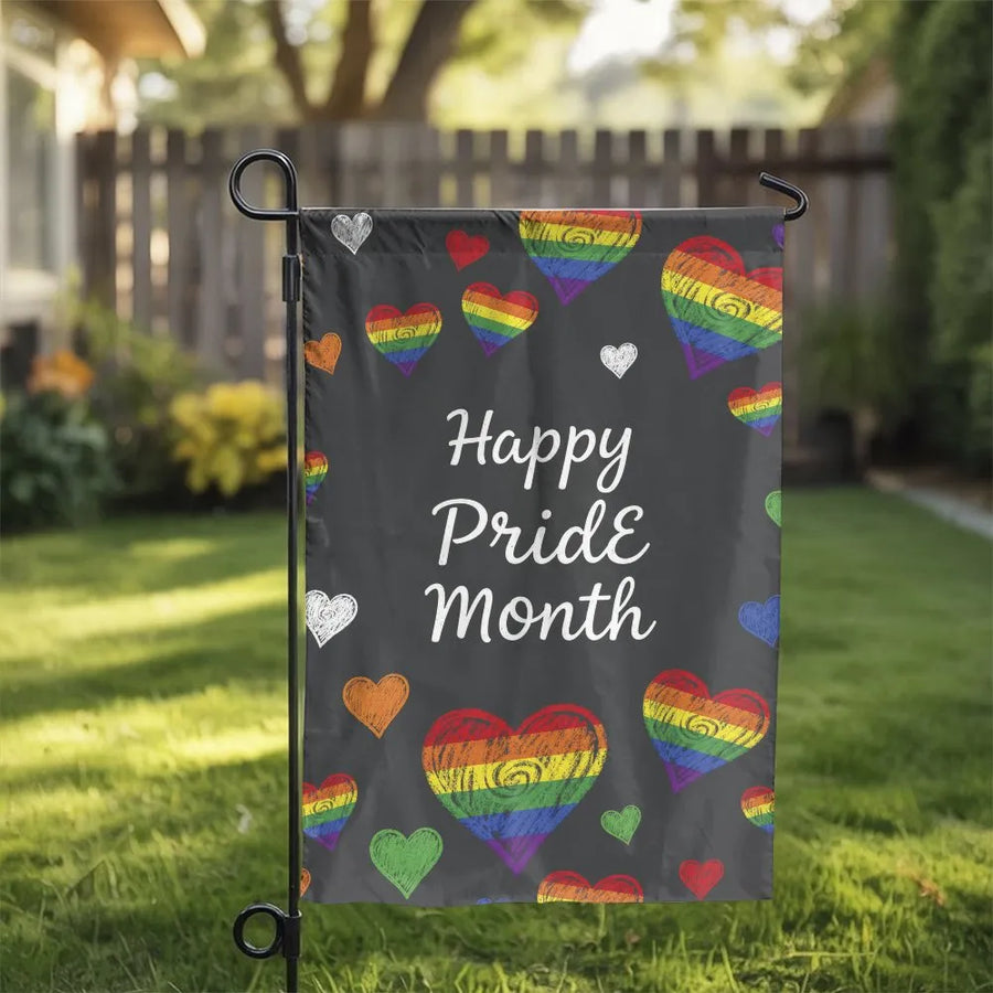 Happy Pride Month Garden Flag | Double Sided Chalkboard Rainbow Hearts Design | Weather Resistant Premium Polyester | LGBTQ+ Community Support Outdoor Yard Decor Gift