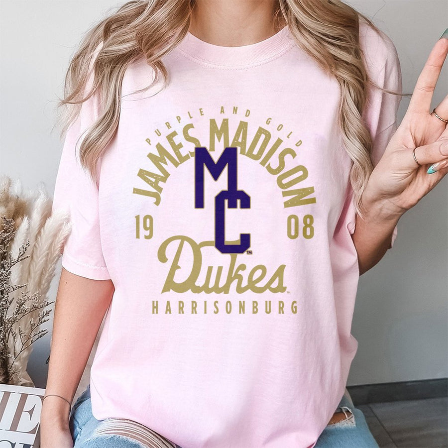 Purple And Gold James Madison 1908 Dukes Harrisonburg With Mc Logo T-Shirt