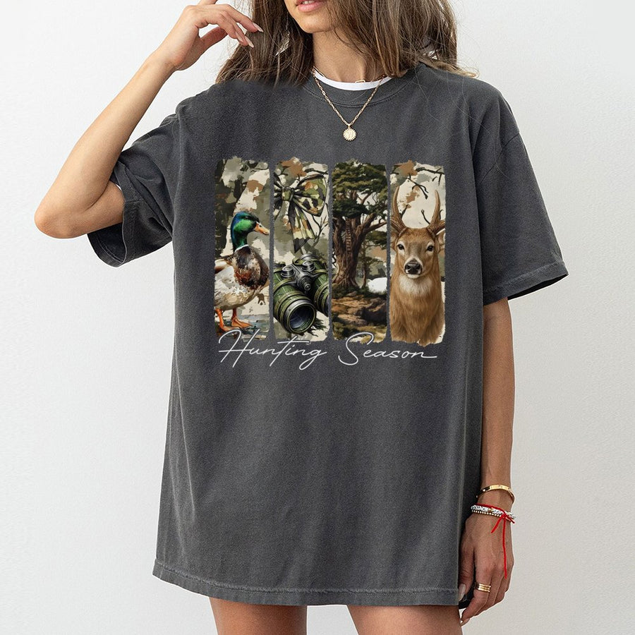 Hunting Season T-Shirt | Retro Camo Coquette Bow Deer & Duck Design | Premium 100% Cotton Apparel | Gift for Outdoor Enthusiasts & Hunters