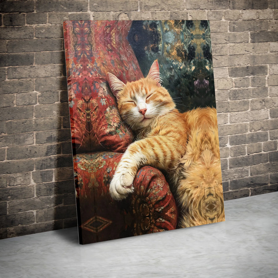 Sleeping Orange Tabby Cat Vertical Canvas | Vintage Oil Painting Style Cozy Feline Wall Art | Premium 1.25” Gallery Wrap | Cute Pet Lover Gift, Cozy Home Decor