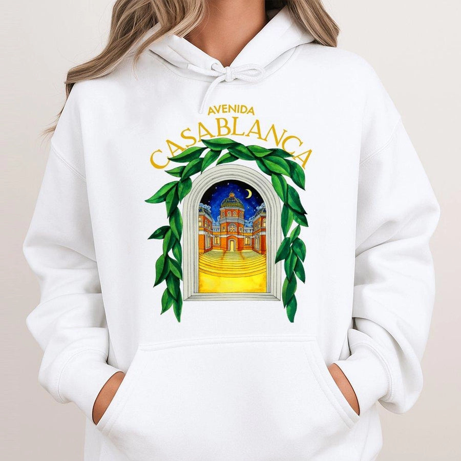 Avenida Casablanca Graphic Hoodie | Mediterranean Archway Architecture Design | Premium Cotton Blend | Artistic Travel Aesthetic Streetwear Gift
