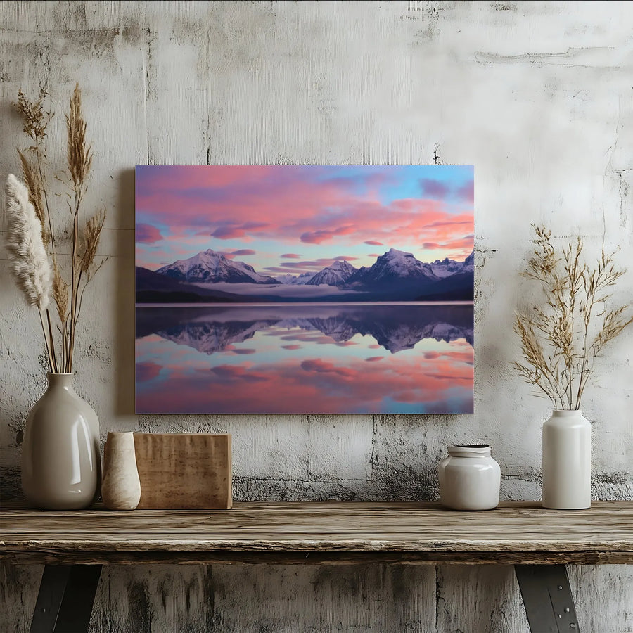 Mountain Lake Canvas Print | Serene Snow-Capped Peak Reflection at Sunset | Premium Gallery Quality Wall Art | Gift for Nature Lovers