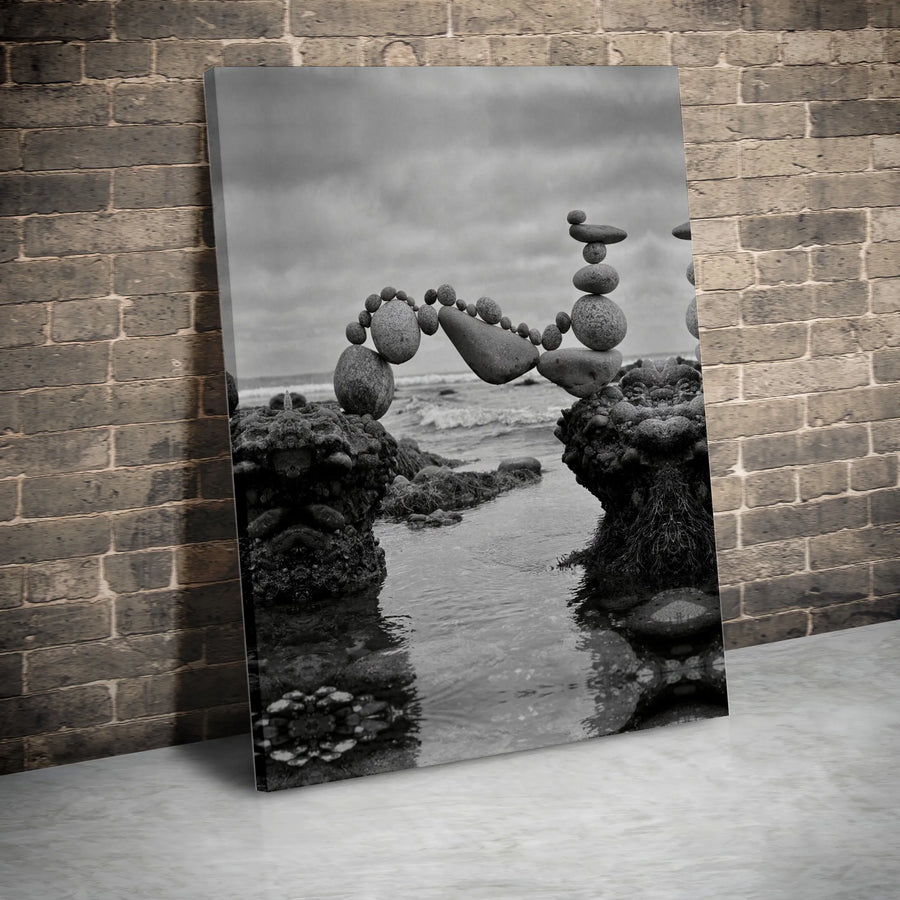 Balancing Rock Canvas Art | Black and White Coastal Photography | Premium Gallery Wrap | Zen Mindfulness Gift for Home & Office Decor