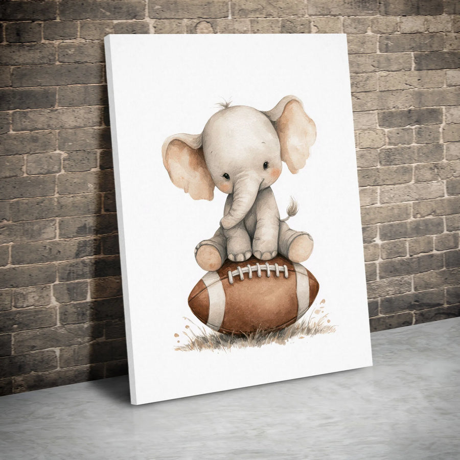 Baby Elephant Football Canvas Wall Art | Cute Watercolor Animal Print | Premium Gallery Wrapped Canvas | Nursery Decor for Boys Room Sports Theme Gift