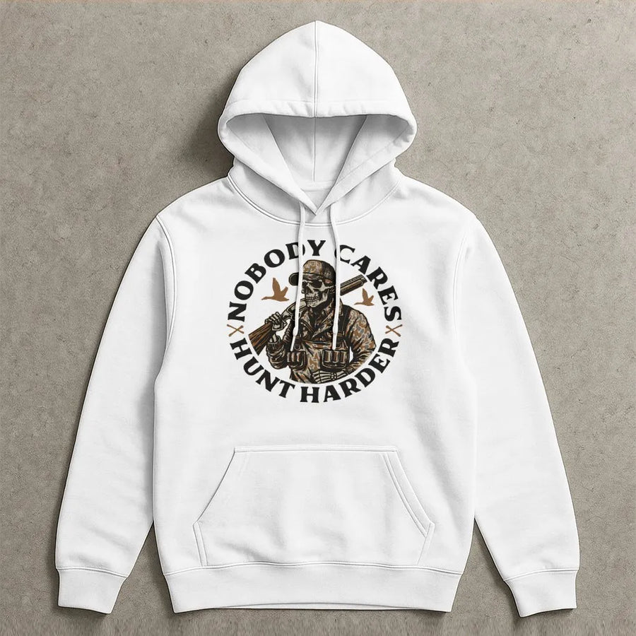 Nobody Cares Hunt Harder Hoodie | Skeleton Hunter Graphic Design | Premium Cotton Blend | Funny Hunting Gift for Men and Women