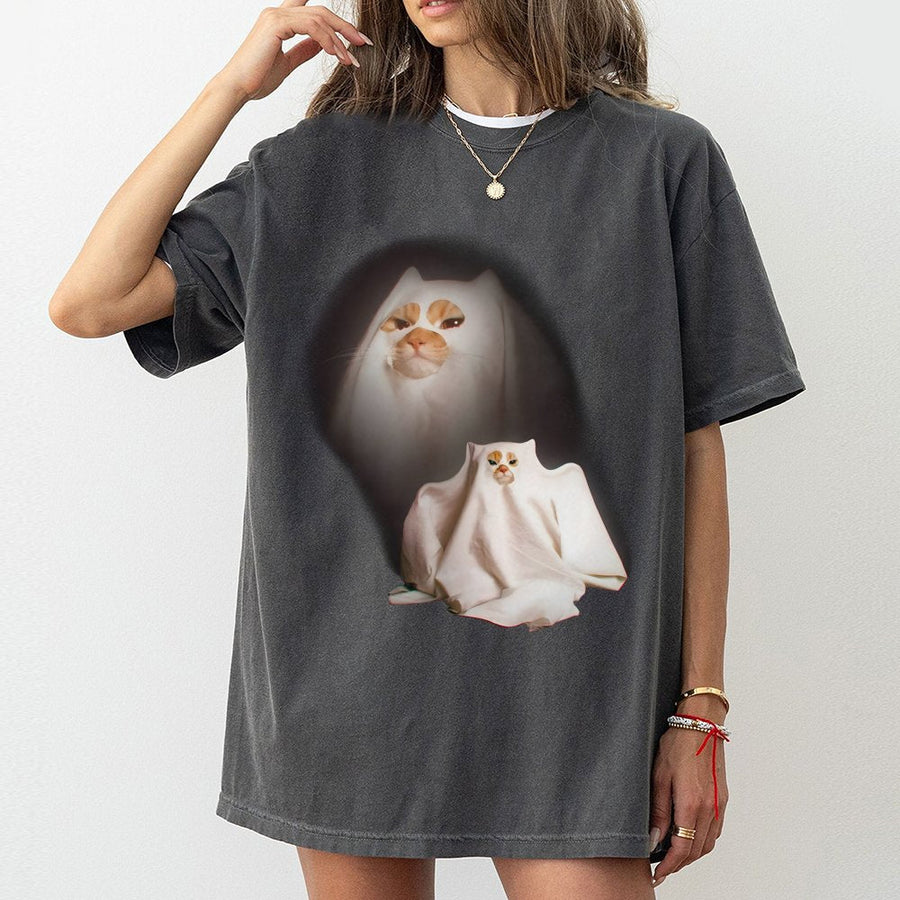 Ghost Cat T-Shirt | Funny Meme Kitten In Sheet Graphic | Premium 100% Cotton Tee | Quirky Gift For Cat Lovers And Meme Enthusiasts