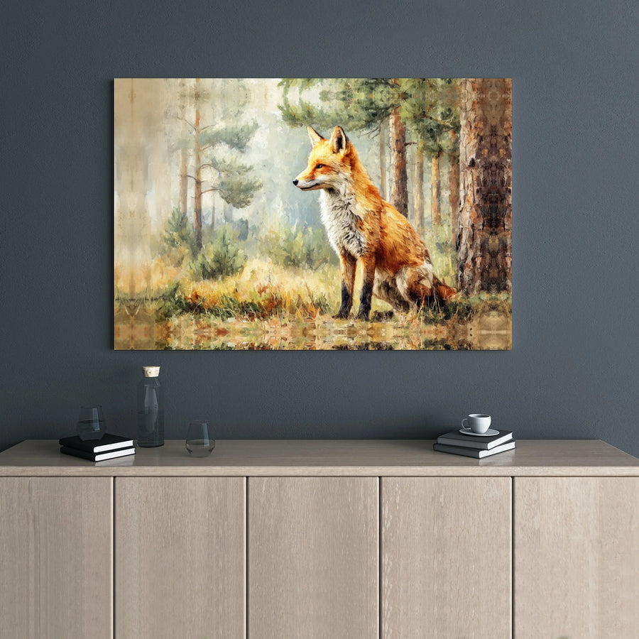 Red Fox Canvas Wall Art | Misty Pine Forest Painting | Premium Gallery Wrap Print | Nature Inspired Home Decor Gift