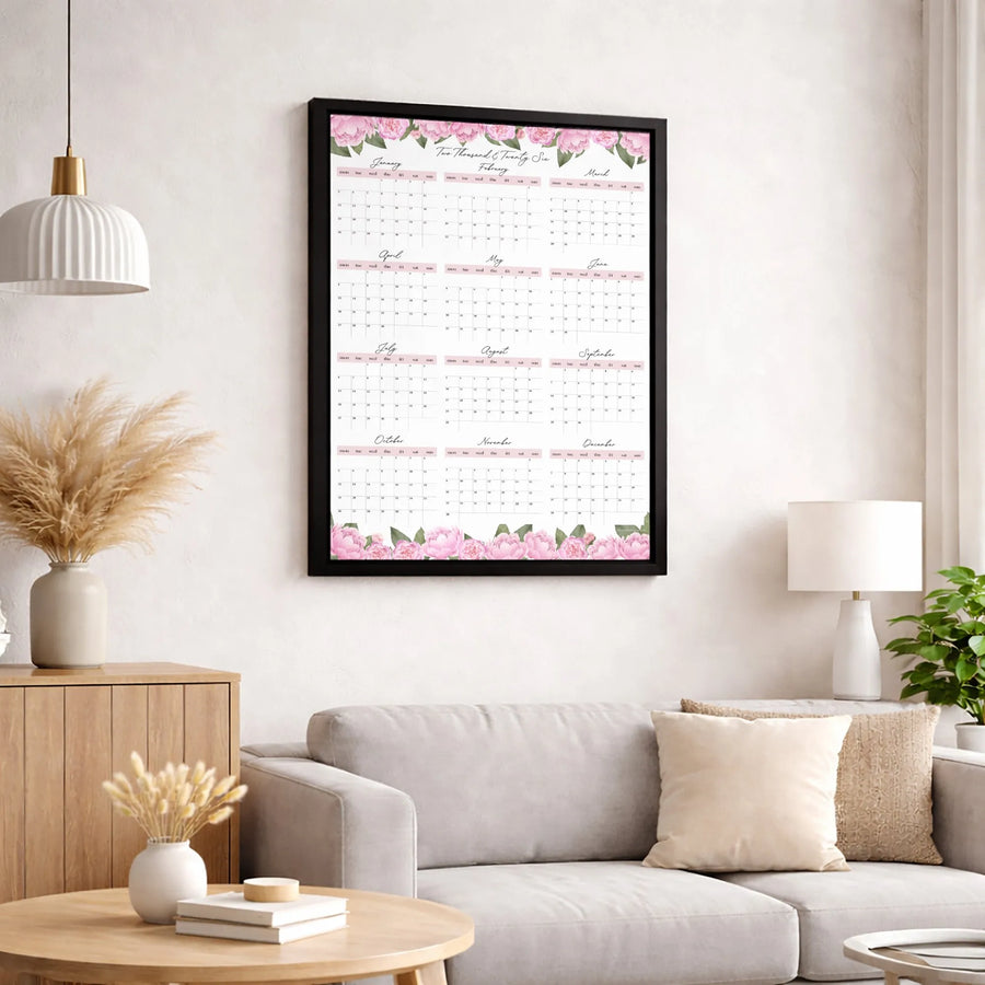 2026 Calendar Wall Art | Pink Peony Floral Print | Premium Gallery Wrap Canvas | Home & Office Decor Gift