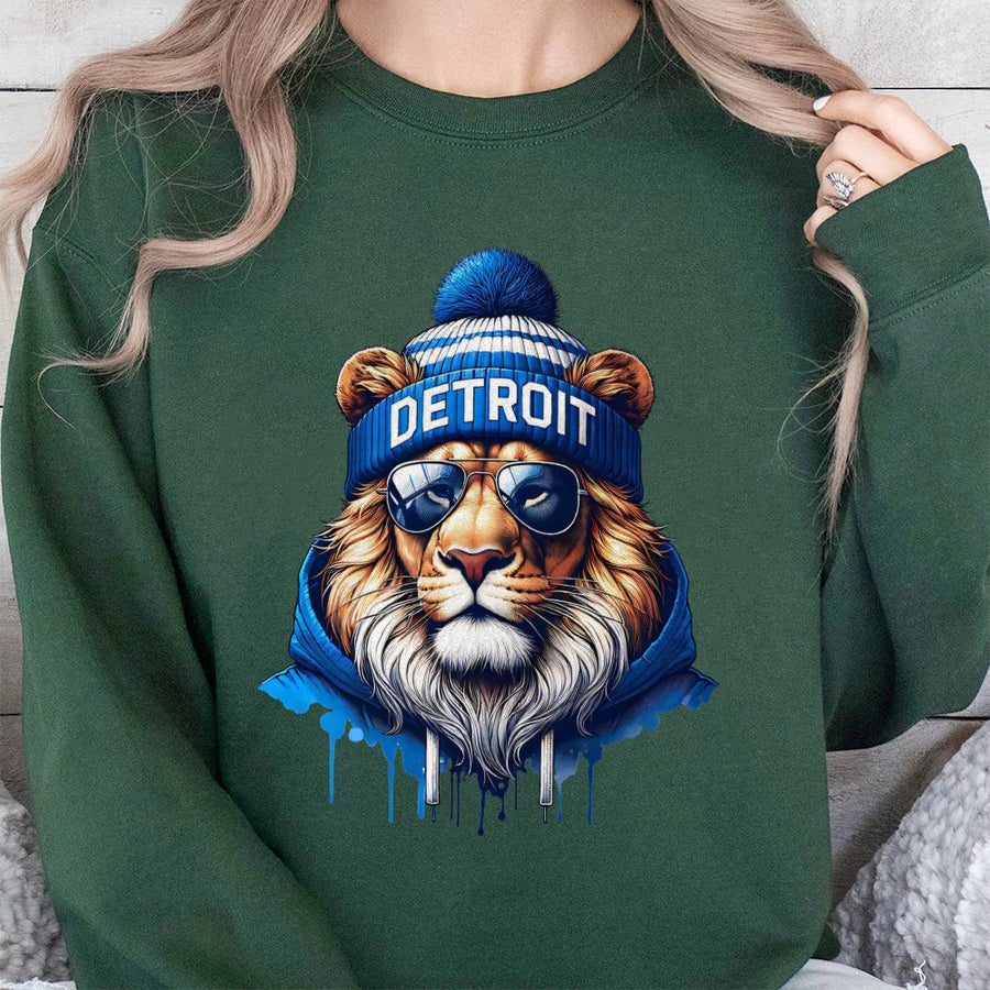 Detroit Lion Wearing Beanie And Sunglasses Sweatshirt