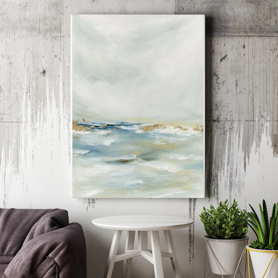 Abstract Coastal Canvas Wall Art | Minimalist Ocean Painting with Gold Accent | Premium Thick Gallery Wrap Canvas | Modern Living Room Decor Gift