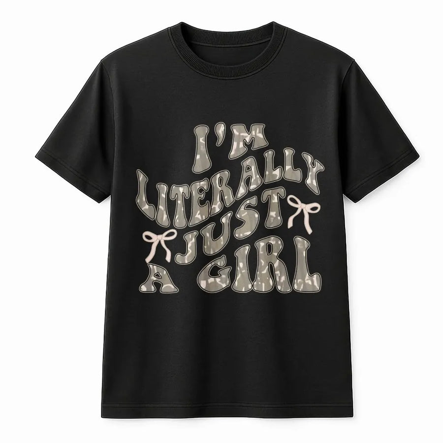 I'm Literally Just A Girl T-Shirt | Retro Camo Bow Graphic Tee | Premium Cotton Aesthetic Shirt | Funny Sarcastic Gift for Her