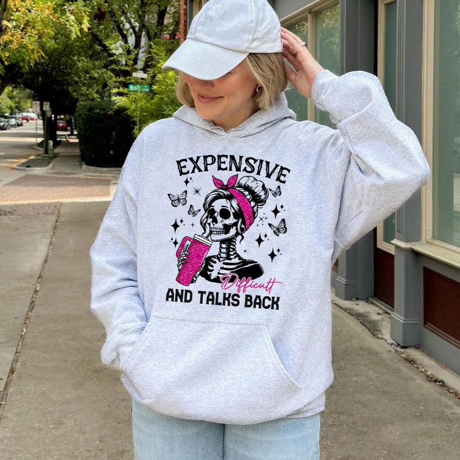 Expensive And Talks Back Hoodie | Skeleton Girl Pink Glitter Graphic | Premium Cotton-Poly Blend | Sassy Aesthetic Gift For Women