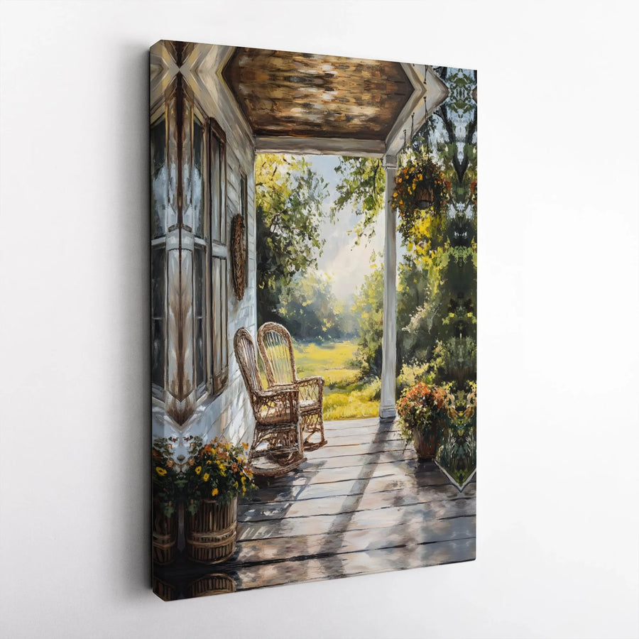 Rustic Porch Canvas Wall Art | Sunny Farmhouse Rocking Chair Scene | Premium Gallery Wrap Print | Peaceful Country Home Decor Gift