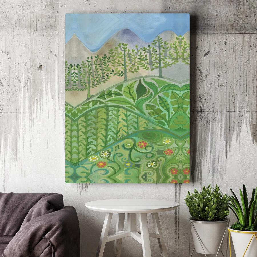Folk Art Landscape Canvas Print | Stylized Mountain & Floral Garden Art | Gallery-Quality 1.25 Inch Thick Profile | Nature Inspired Home Decor