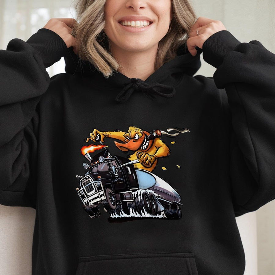 Vintage Mack Flame Truck Hoodie – Cartoon Duck Tanker Hoodie,Funny Semi Truck Diesel Graphic,Trucker Gift Outfit,Mack Bulldog