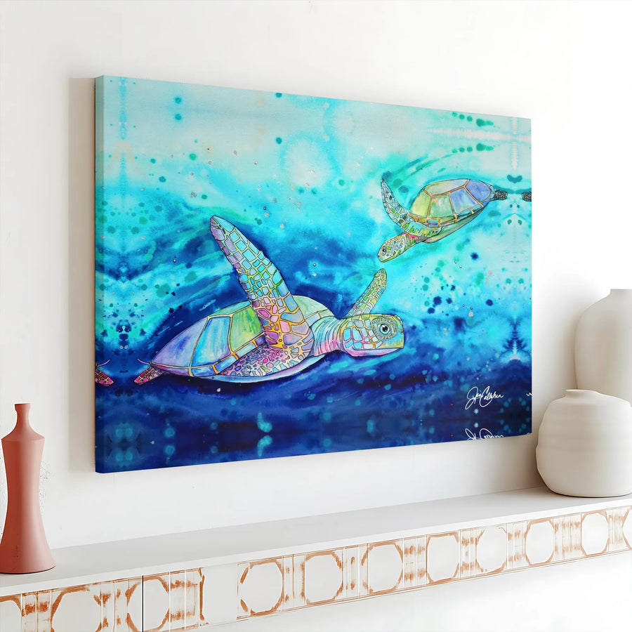 Sea Turtle Canvas Wall Art | Colorful Watercolor Ocean Painting | Premium Gallery Wrapped Canvas | Coastal Home Decor Gift