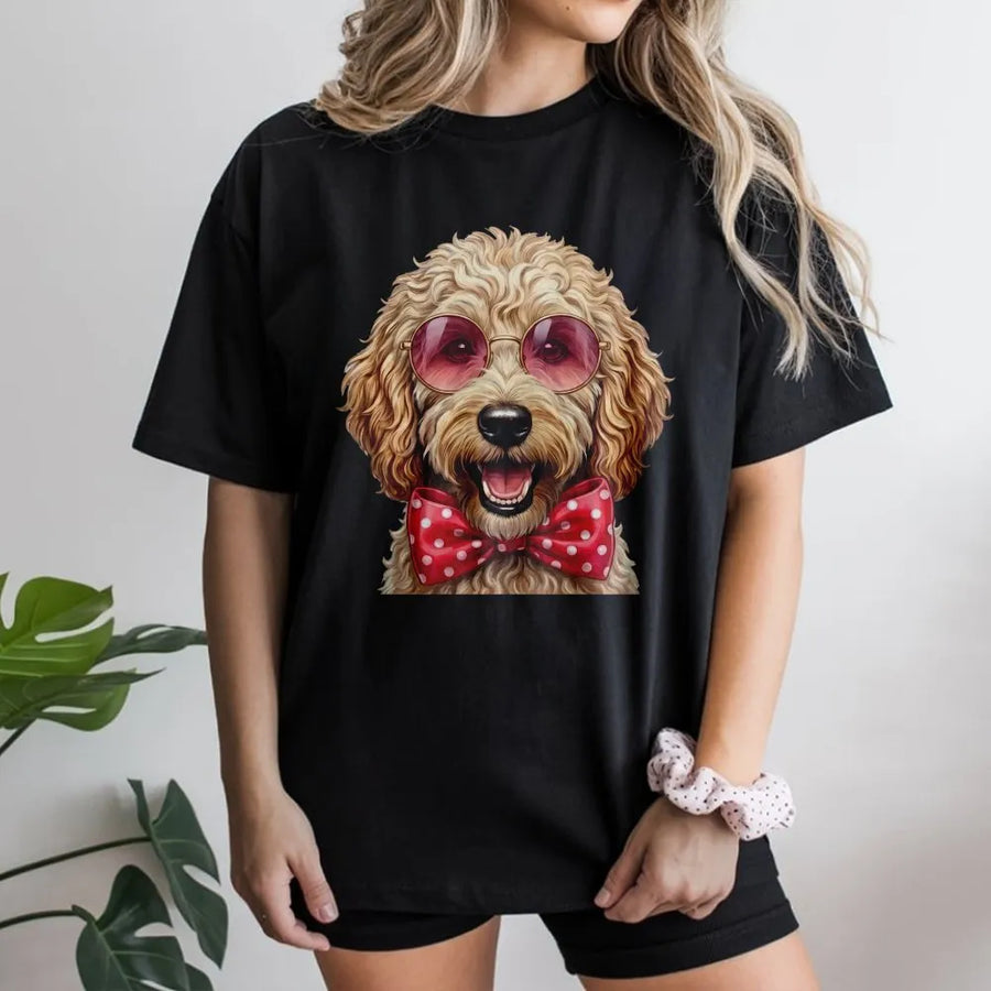Goldendoodle T-Shirt | Funny Dog with Pink Sunglasses and Bow Tie | 100% Cotton Premium Tee | Cute Doodle Mom Gift for Dog Lovers