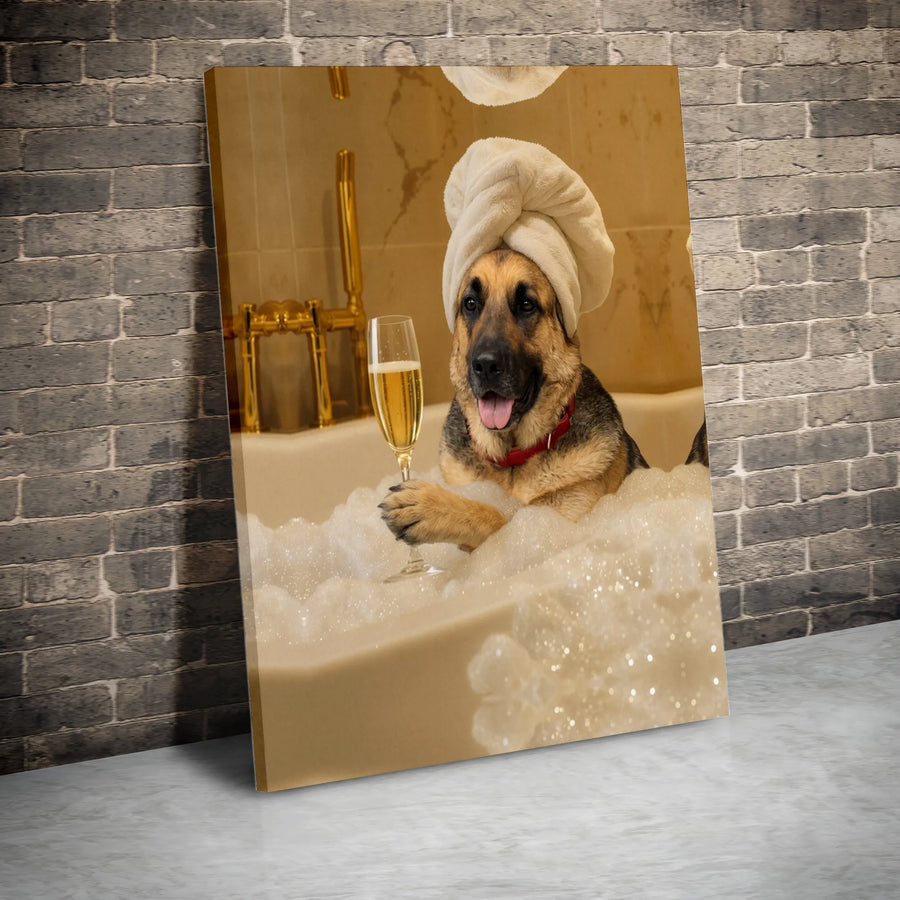 German Shepherd Wall Art Canvas Print | Funny Dog in Bubble Bath with Champagne | Premium Gallery Wrap Canvas | Unique Bathroom Decor Gift for Dog Lover
