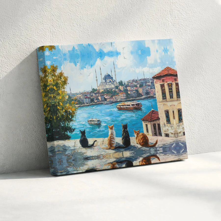 Istanbul Bosphorus Canvas Print | Cats Overlooking Mosque Oil Painting Art | Premium Gallery Wrapped Decor | Travel Gift for Cat Lovers