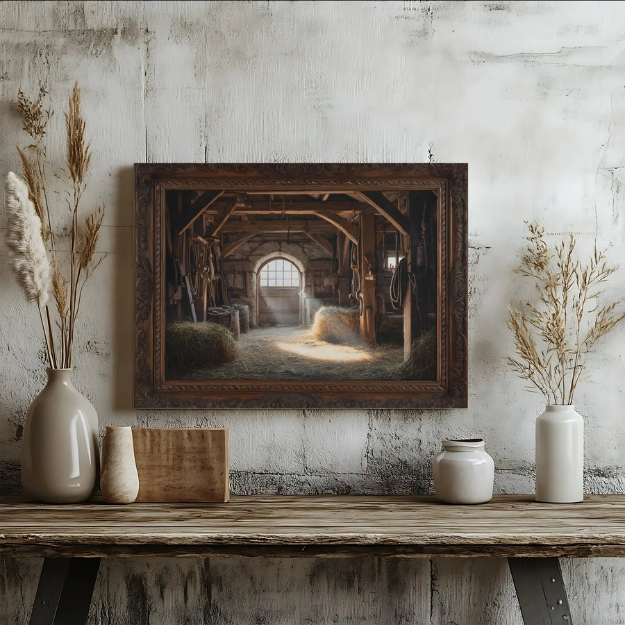 Rustic Barn Canvas Wall Art | Sunlit Hayloft Painting Print with Faux Ornate Frame | Premium Fade-Resistant Canvas | Farmhouse Decor Gift
