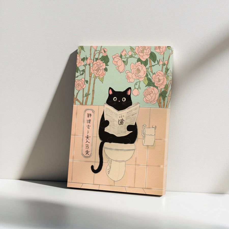 Japanese Black Cat Canvas Wall Art | Funny Toilet Reading Print | Premium Gallery Wrap Decor | Quirky Bathroom Art Gift for Cat Lovers