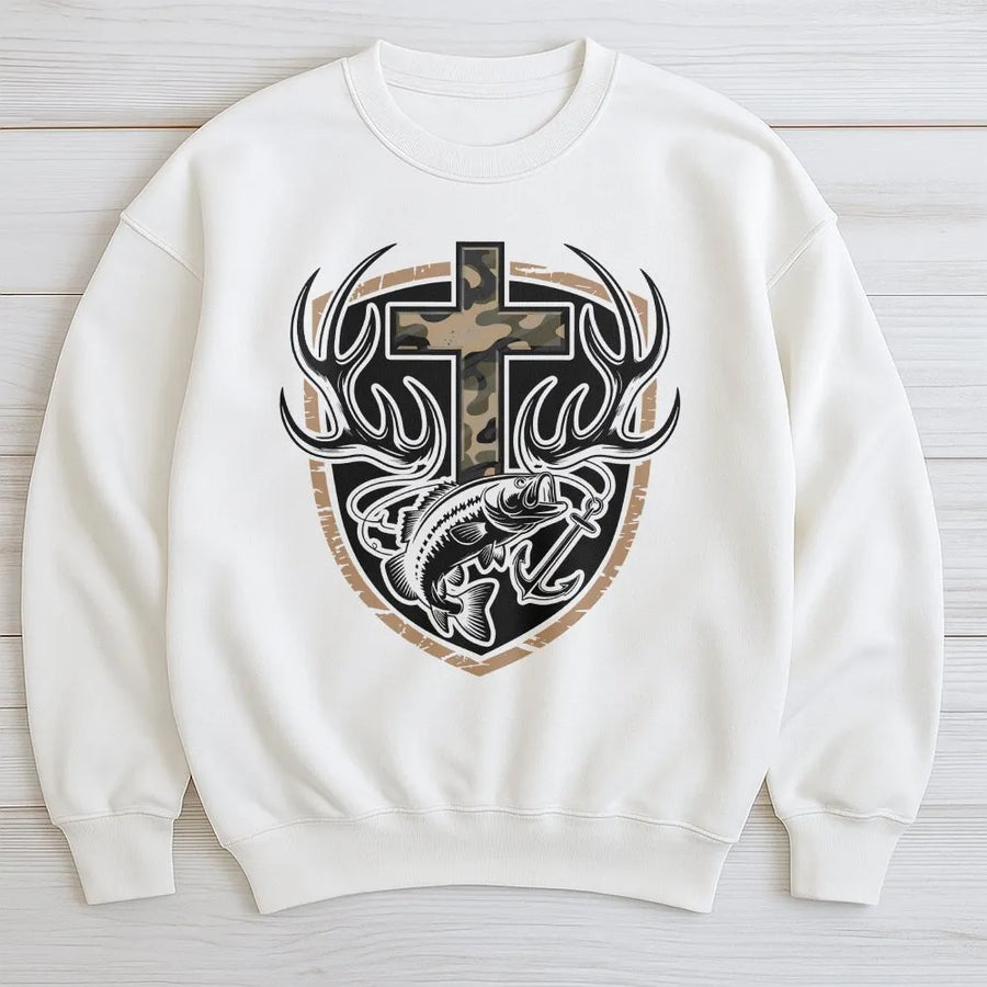 Christian Fishing Hunting Sweatshirt | Camo Cross with Bass & Antlers Graphic | Premium Cotton Blend | Gift for Religious Hunter Fisherman