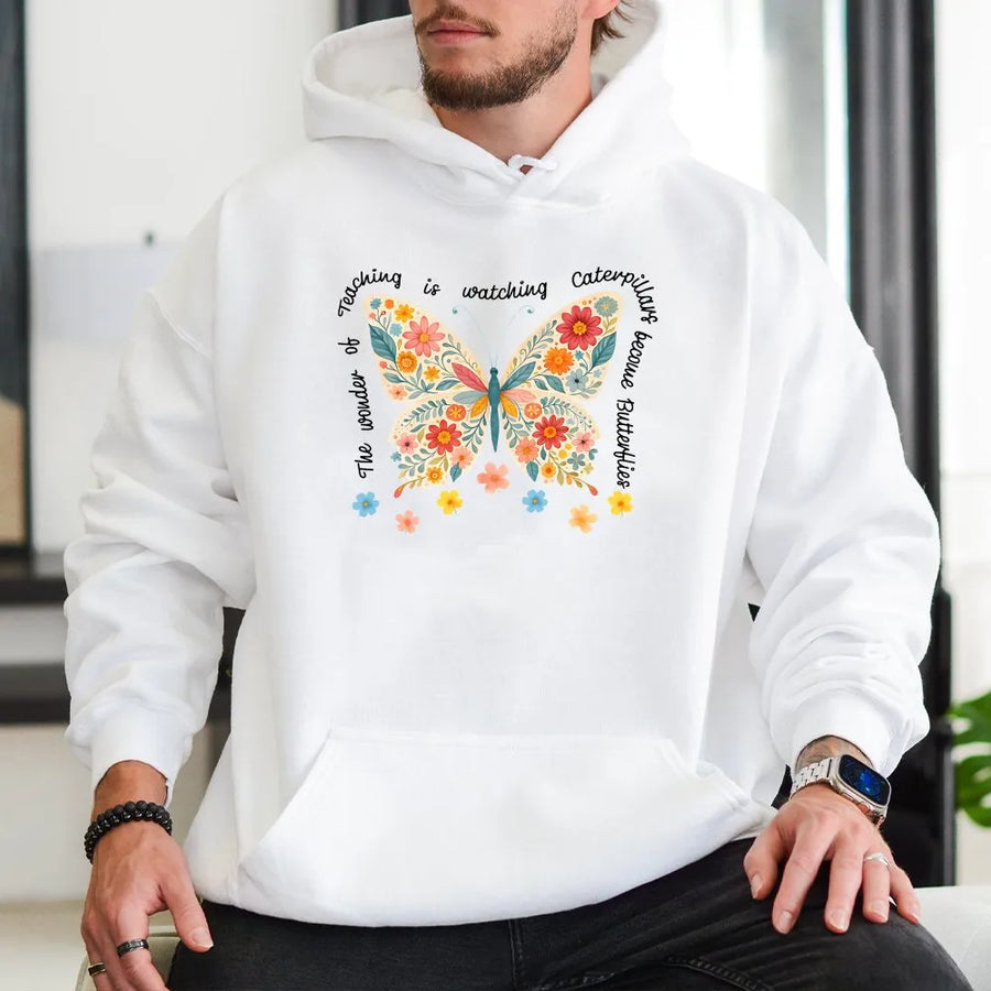 Teacher Butterfly Hoodie | Floral Watercolor Graphic with Inspirational Quote | Premium Comfort Colors Cotton | Back to School Gift for Educator