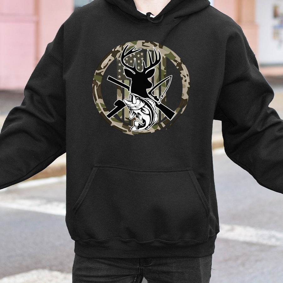 Outdoorsman Hoodie | Deer Fishing Hunting Graphic | Premium Cotton Blend | Gift for Hunter and Angler
