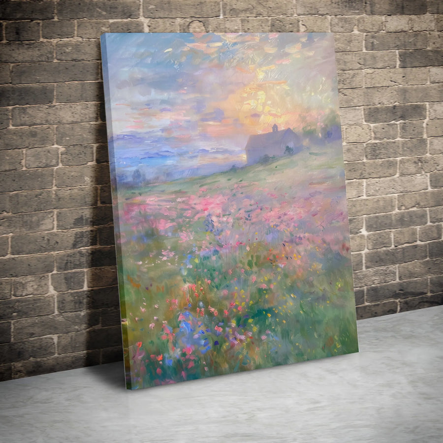 Impressionist Wildflower Meadow Canvas Print | Pastel Sunrise Wall Art | Thick Gallery Wrap Canvas | Farmhouse Living Room Decor Gift