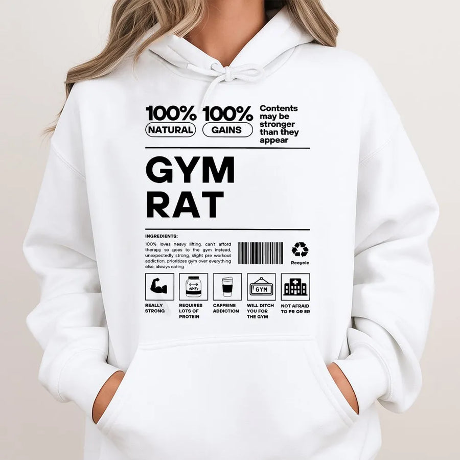 Gym Rat Hoodie | Funny Nutrition Facts Workout Design | Premium Cotton Blend | Gift for Bodybuilder or Weightlifter