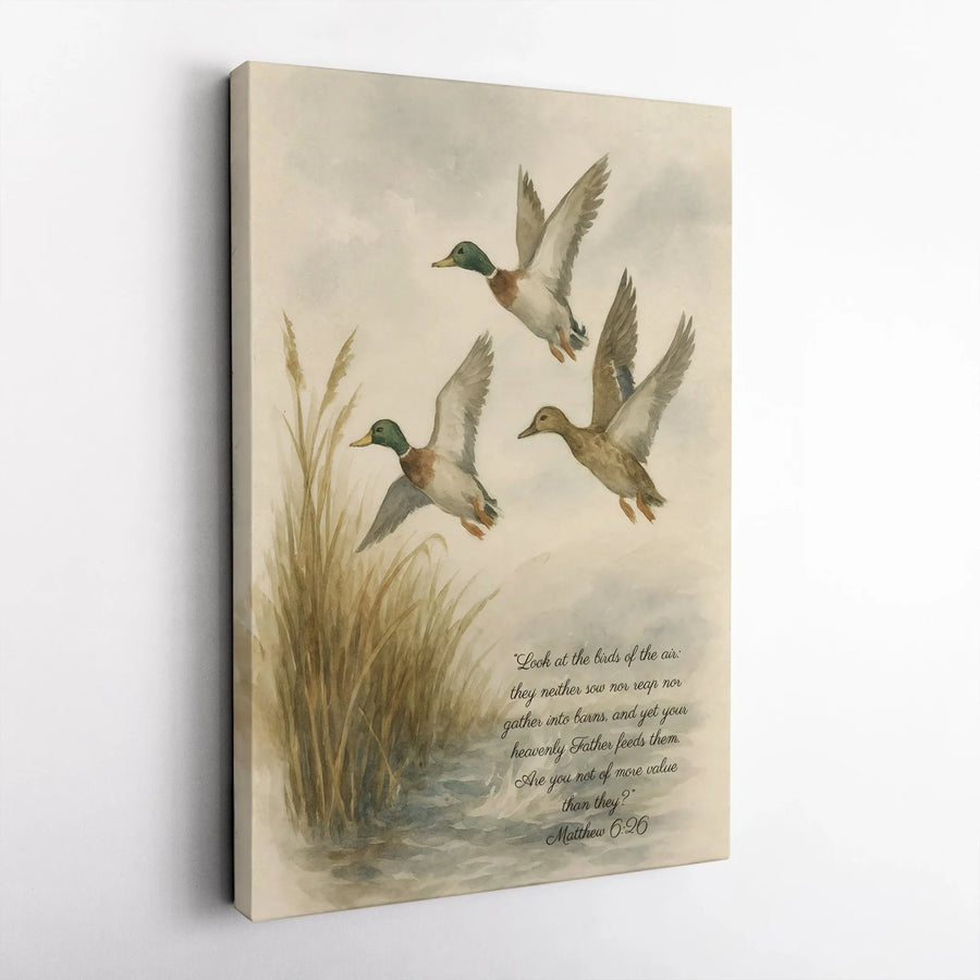 Matthew 6:26 Scripture Wall Art | Flying Ducks Watercolor Print | Premium Gallery Wrap Canvas | Christian Home Decor Gift for Believers