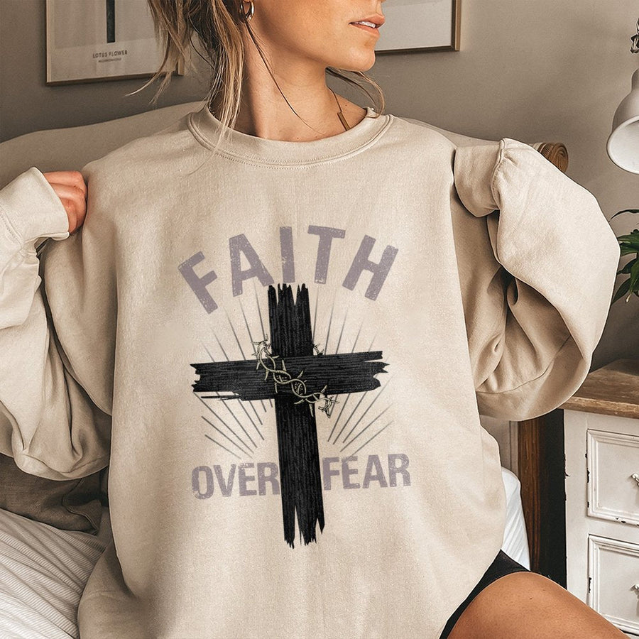 Faith Over Fear Sweatshirt | Christian Cross Graphic With Crown Of Thorns | Premium Cotton Blend | Religious Gift For Men And Women