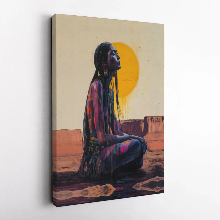 Native American Woman Wall Art | Abstract Meditating Portrait | Premium Gallery Wrapped Canvas | Southwestern Home Decor Gift