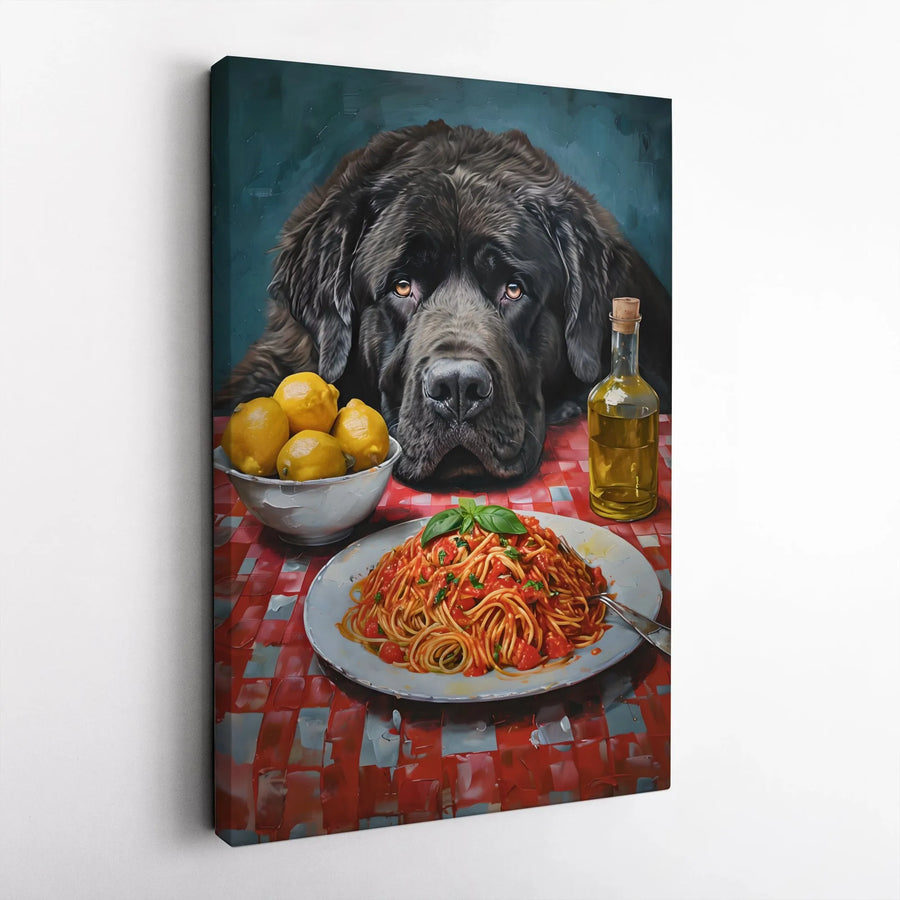 Newfoundland Dog Wall Art | Spaghetti And Lemon Oil Painting Style | Premium Gallery-Wrapped Canvas | Kitchen Decor Gift For Dog Lovers