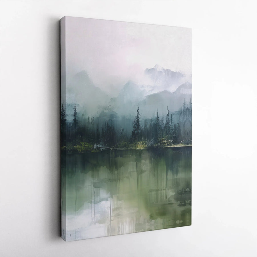 Misty Mountain Lake Canvas Print | Abstract Forest Landscape Wall Art | Premium Fade-Resistant Gallery Wrap | Modern Home Office Decor Gift