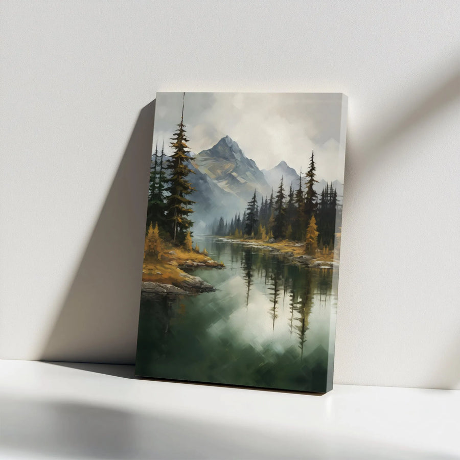 Mountain Lake Canvas Wall Art | Misty Forest & River Painting | Gallery Quality Canvas | Rustic Cabin Home Decor Gift